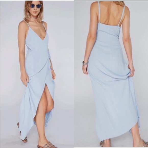 ✨FLYNN SKYE Wrap Maxi Dress Blue V-neck open Front‎ XS - Picture 1 of 12